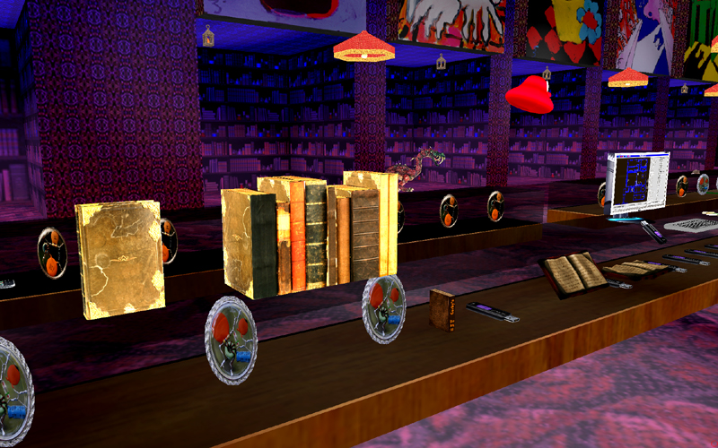 Snapshot from game orb showing books, amulets and other objects.